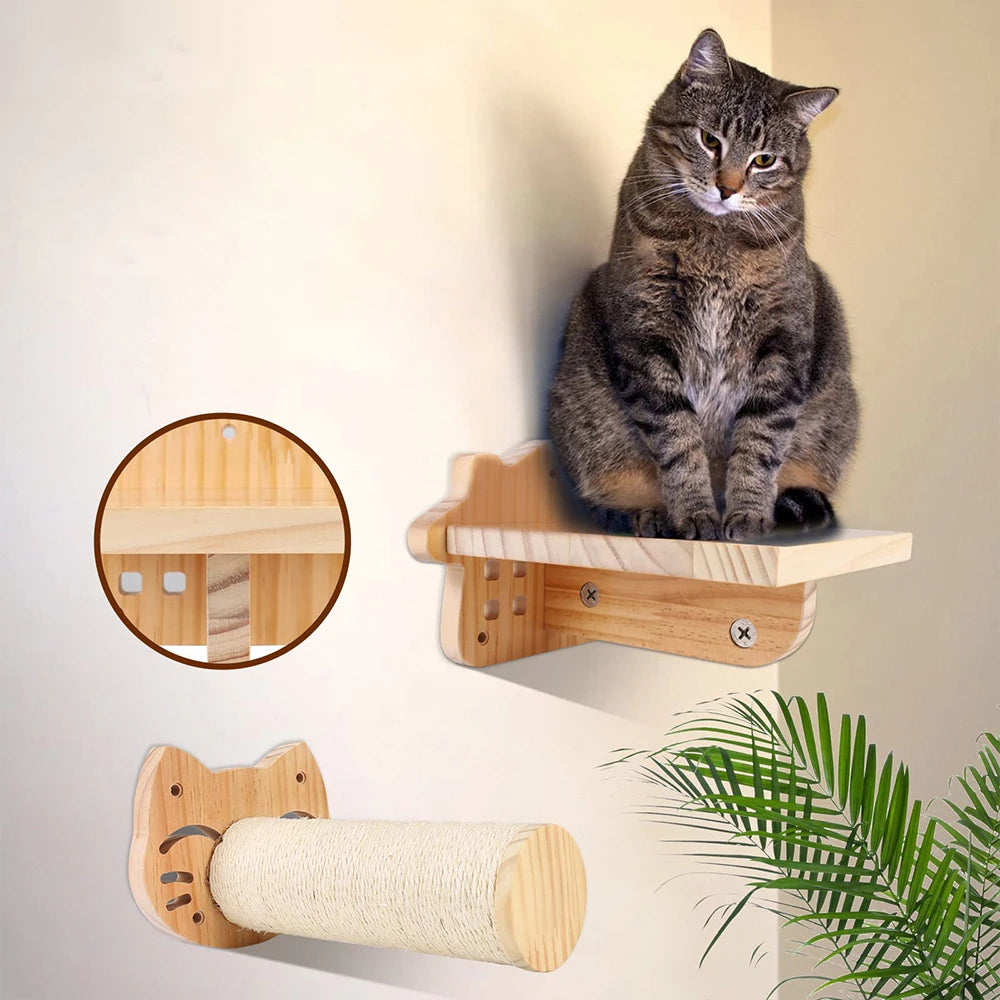 Cat Climbing Shelf Wall Mounted Four Step Stairway With Sisal Scratching Post For Cats Tree Perch Platform Jumping Furniture