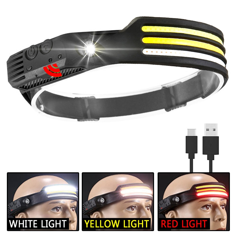 Multi-function Sensor Headlamp COB Head Lamp Flashlight Outdoor USB Rechargeable Waterproof Headlight 5 Lighting Modes Torch