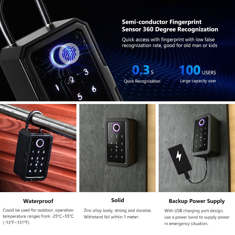 Key Safe Fingerprint Bluetooth Wifi Digital Key Box App Remote Access Wall Mount Combination Security Lockbox