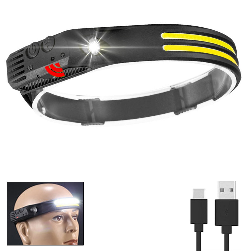 Multi-function Sensor Headlamp COB Head Lamp Flashlight Outdoor USB Rechargeable Waterproof Headlight 5 Lighting Modes Torch