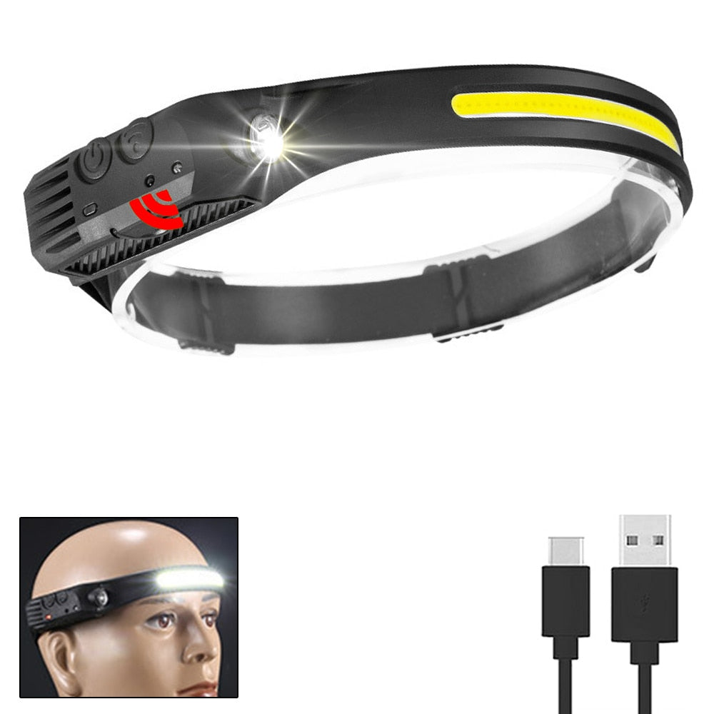 Multi-function Sensor Headlamp COB Head Lamp Flashlight Outdoor USB Rechargeable Waterproof Headlight 5 Lighting Modes Torch