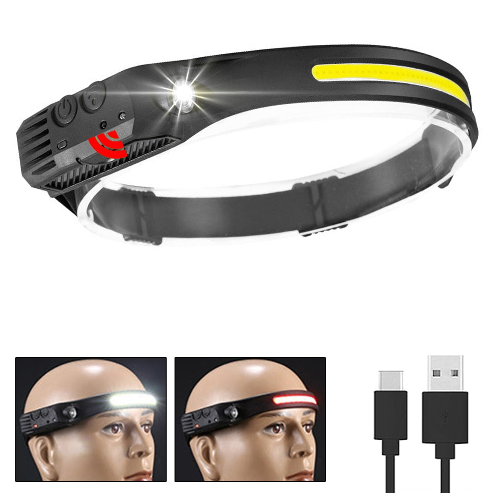 Multi-function Sensor Headlamp COB Head Lamp Flashlight Outdoor USB Rechargeable Waterproof Headlight 5 Lighting Modes Torch