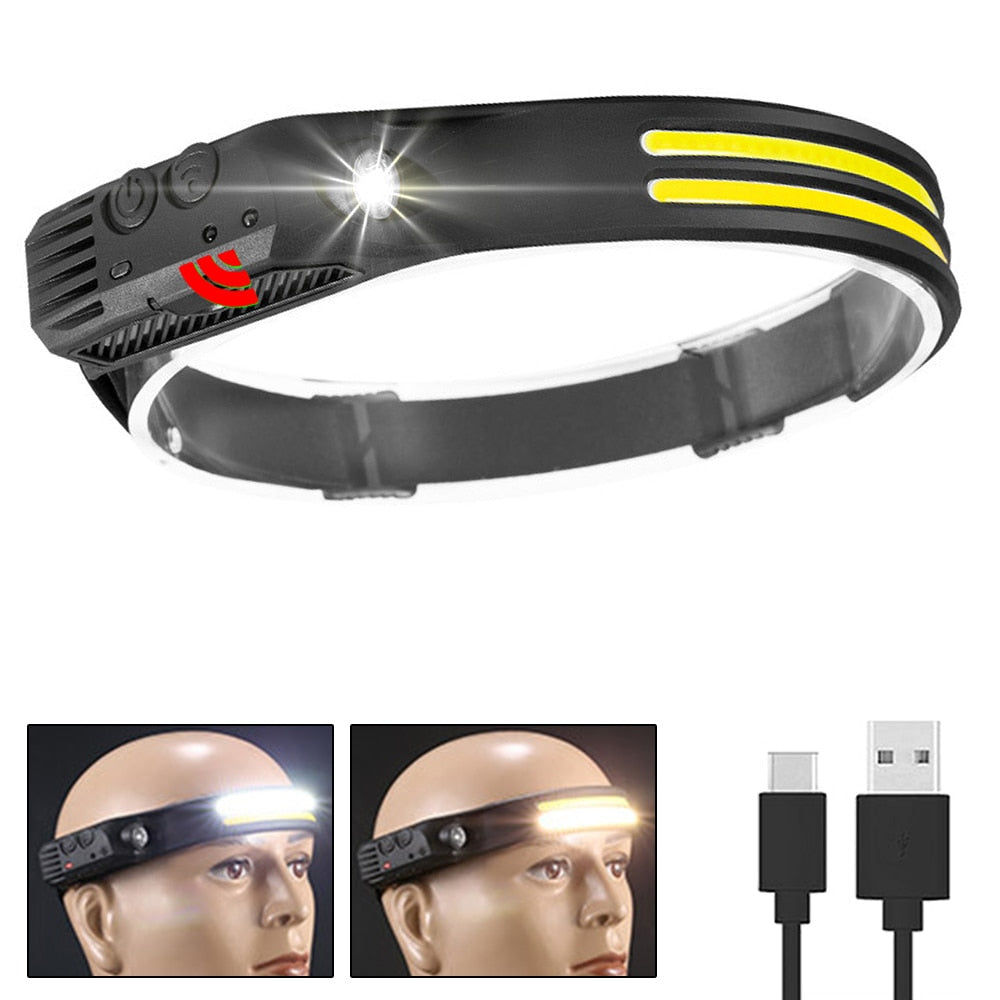 Multi-function Sensor Headlamp COB Head Lamp Flashlight Outdoor USB Rechargeable Waterproof Headlight 5 Lighting Modes Torch